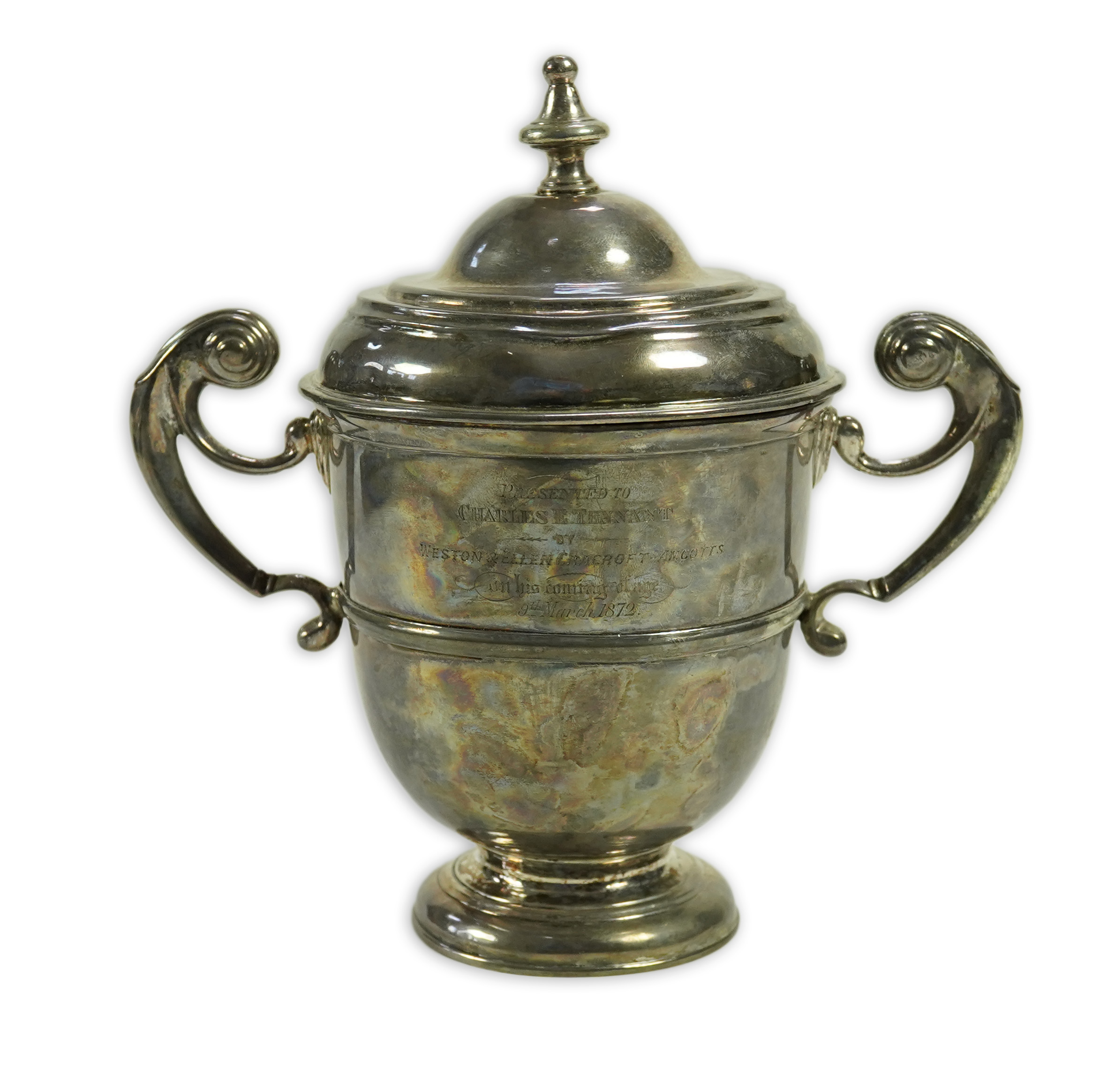 A George I Irish silver two handled cup by Philip Kinnersley, Dublin, 1719, with an earlier Queen Anne matched Irish silver cover by Joseph Walker, Dublin, 1704